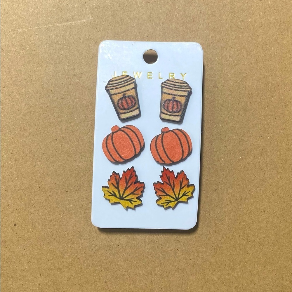 3 Pairs of Fall Wooden Earrings NEW PSL Pumpkin Spice Latte Pumpkins Fall Leaves